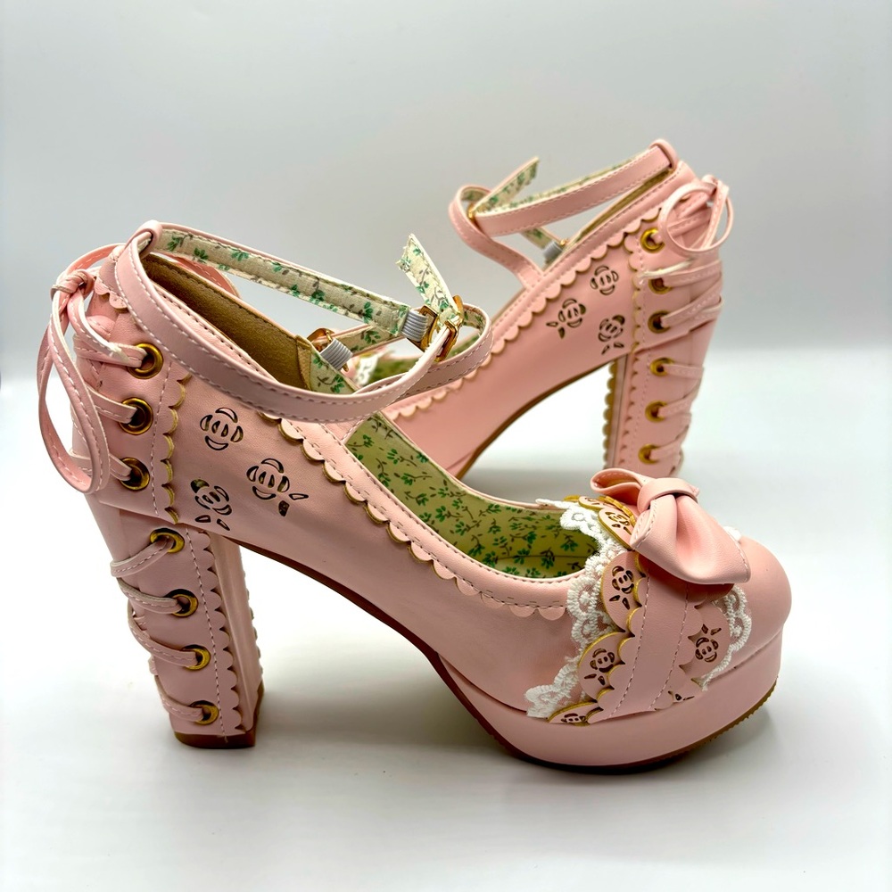 Bow Lace Princess Lolita Shoes Womens Chunky High Heels Ankle Strap Pumps Size 8 - Picture 9 of 12